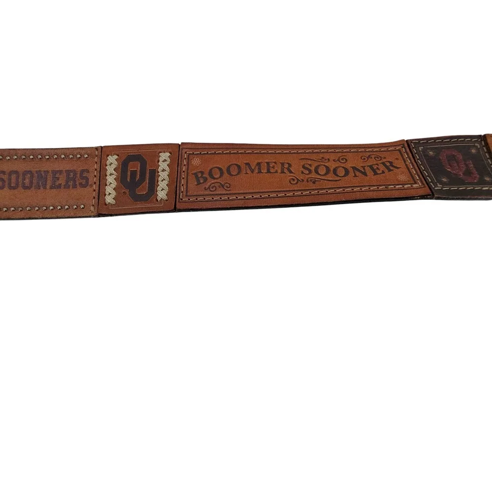 Fossil Oklahoma Sooners Womens L Brown Tooled‎ Leather Boomer Sooner Belt